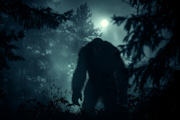 Bigfoot sighting in the dark woods. North American cryptid Sasquatch silhouette in the forest at night. - obrazy, fototapety, plakaty