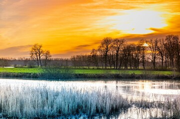 Fototapeta na wymiar Landscape view of a lake among green grass at stunning sunset