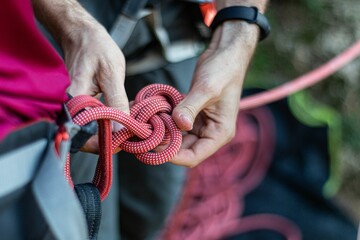 Alpinist tying a rope on his climbing equipment - obrazy, fototapety, plakaty