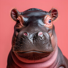 Close-up of a hippopotamus face against a pink background with detailed texture.