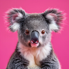 Close-up of a koala with large eyes on a pink background, showcasing its fluffy grey and white fur.