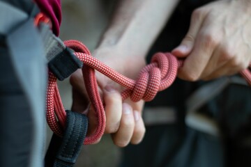 Alpinist tying a rope on his climbing equipment