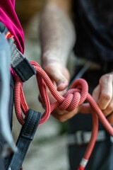 Alpinist tying a rope on his climbing equipment - obrazy, fototapety, plakaty