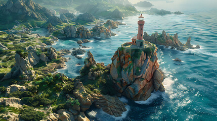 An aerial view of a coastal lighthouse overlooking rocky cliffs - obrazy, fototapety, plakaty