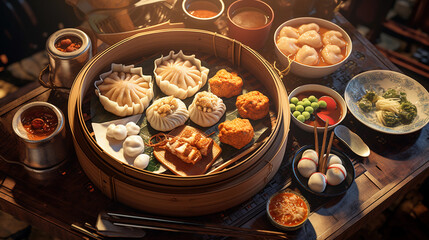 Dim sum food with many asian dishes 