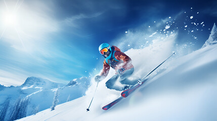 A Skier's Epic skiing Journey Amidst the Magnificent Winter Wonderland of Mountain Slopes - obrazy, fototapety, plakaty