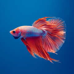 A vibrant red and blue betta fish with flowing fins and tails swimming in blue water