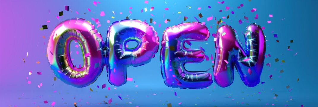 OPEN balloon word with confetti, welcoming celebration