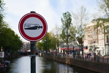 Closeup of drinking alcohol prohibited sign in the street in Amsterdam