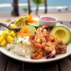 Exotic Hawaiian dish: Shrimp, avocado, rice, mango, kiwi, coconut; beach lunch, tropical food. 