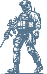 modern soldier holding a machine gun with one hand vector drawing
