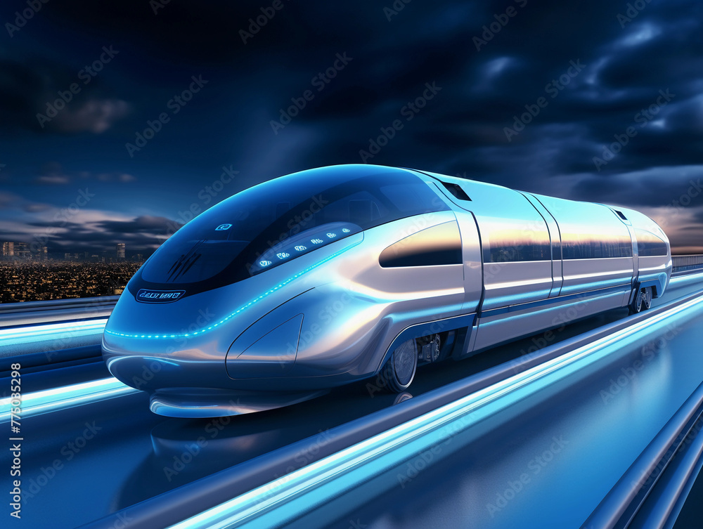 Poster futuristic bullet train or hyperloop ultrasonic train cabsul with full self driving system activated