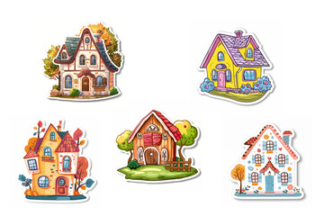  Collection of whimsical, colorful sticker-like illustrations of various charming houses with cute details.