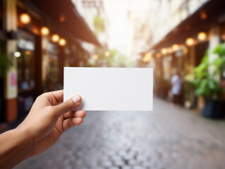 hand holding a white postcard with blur cafe background 