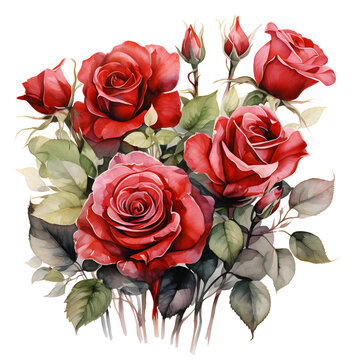 Watercolor floral bouquet composition with red roses, png transparent background, generative ai