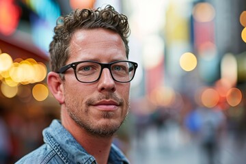 Portrait of a handsome man with glasses in New York City. - obrazy, fototapety, plakaty