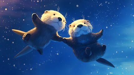 Obraz na płótnie Canvas Affectionate Sea Otters Embracing in the Tranquil Depths of the Cosmic Galaxy
