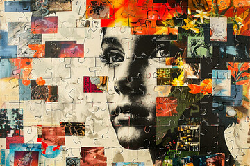 Portrait of Autism.  Generated Image.  A digital rendering of a portrait of an autistic child with puzzle pieces.