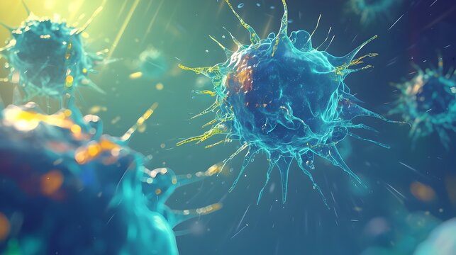 Energetic Lymphocyte Activation Process Detailed Immune System Visualization in Radiant Blue and Green Tones