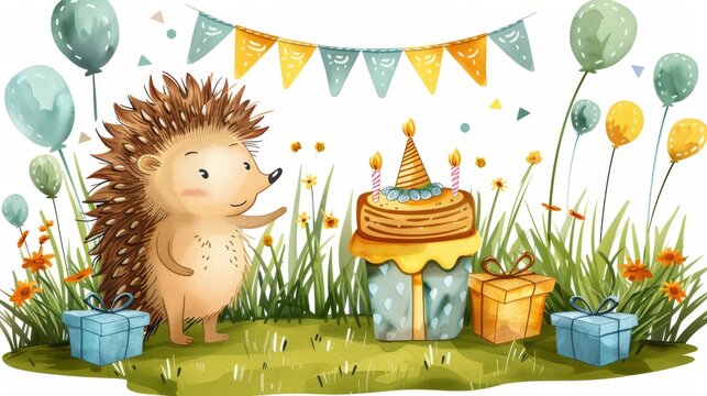 Hand-drawn cute hedgehog in a festive cap holds a gift, background in soft pastel colors. Concept: Gifts and holiday greetings, birthday and cute characters in illustration, greeting cards.