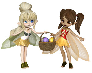 Cute Toon Spring Fairies with Easter Egg Basket, 3d digitally rendered fantasy illustration