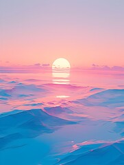 Fototapeta na wymiar Tranquil Sunset Over the Serene Vintage Sci Fi Seascape with Soft Pastel Hues and Graphic Design Elements