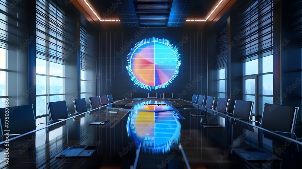Aufkleber holographic pie chart displaying market segment data in futuristic conference room