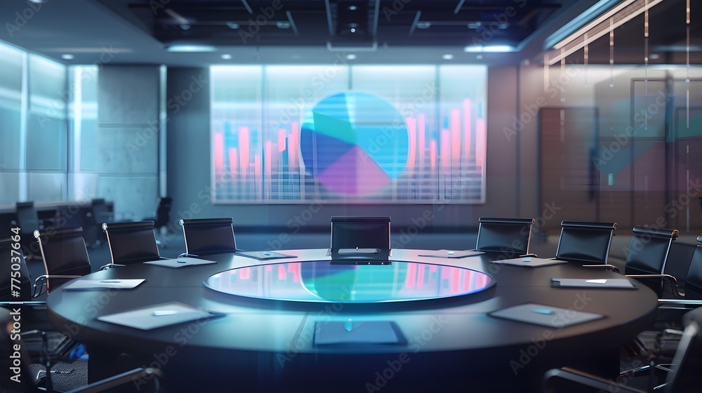 Poster holographic pie chart floating in conference room displaying market share data