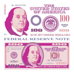 A set of simplified vector design elements and parts of 100 dollars banknote in pink style