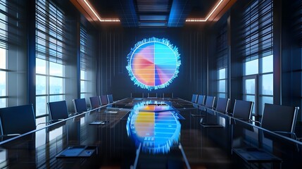 Holographic Pie Chart Displaying Market Segment Data in Futuristic Conference Room