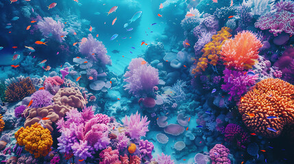 An aerial view of a colorful coral reef bustling with - obrazy, fototapety, plakaty