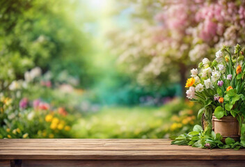 Wooden table with spring flowers in pot on blurred garden background.