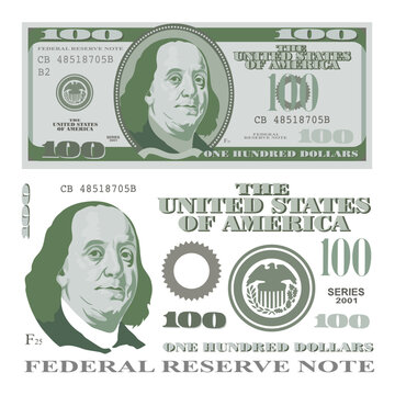 A set of simplified vector design elements and parts of 100 dollars banknote