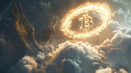 Bitcoin halo above an angel's head, low-angle, divine light piercing clouds, serene - obrazy, fototapety, plakaty
