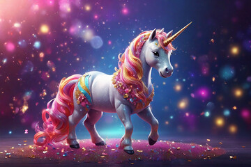 Unicorn with rainbow mane on a background of colorful lights - obrazy, fototapety, plakaty