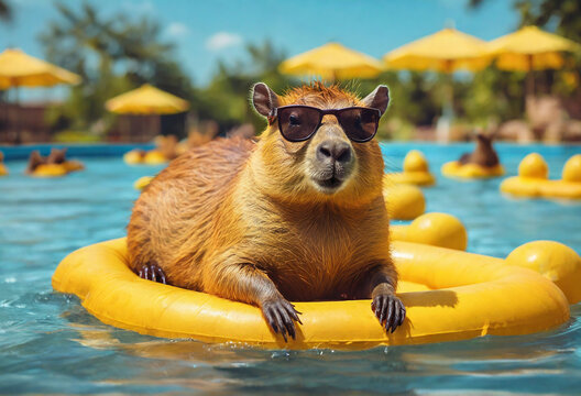 Cute Capybara in sunglasses relaxing in swimming pool at tropical resort