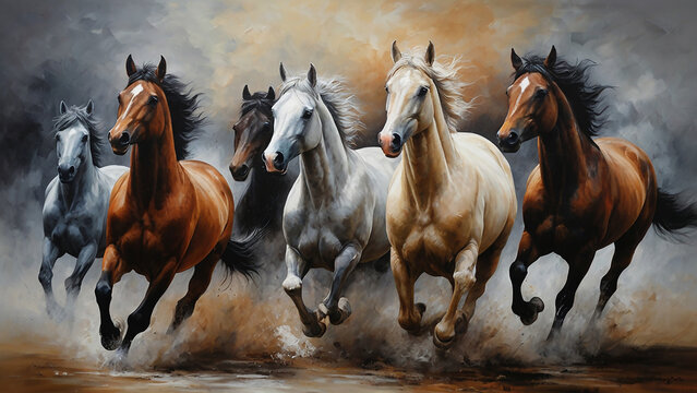 Horses run gallop in the water. Digital painting of horses