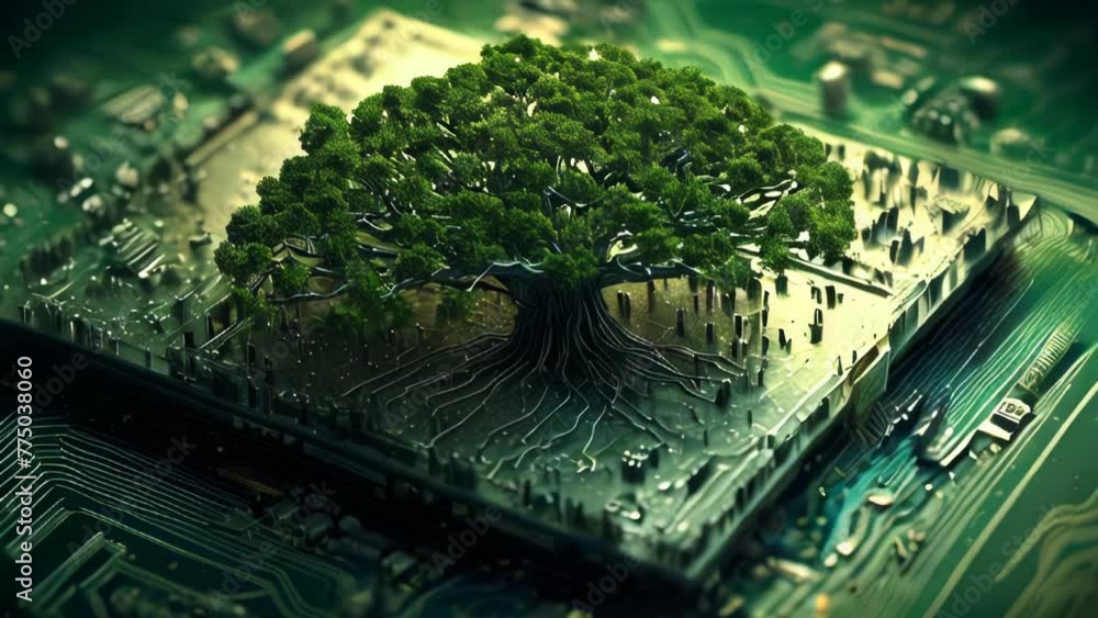 Poster green natural eco-friendly tree and computer technology on an abstract high-tech futuristic backgrou