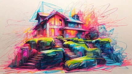 abstract house landscape scrible caryon backgound illustration