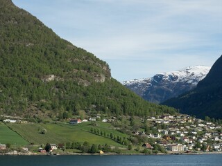 Beautiful view of the Flam village in a mountainous landscape in Norway