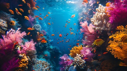 Fototapeta na wymiar An aerial view of a colorful coral reef bustling with marine life