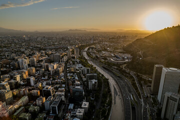 Beautiful aerial view of the San Cristobal Hill and the city of Santiago de Chile