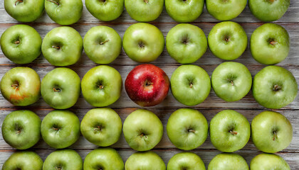 A row of green apples with one red apple in the middle