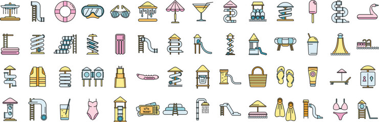 Water park icons set outline vector. Slide pool. Swim waterpark thin line color flat on white