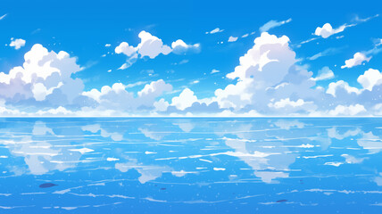 Cartoon lake scenery illustration under blue sky
 - obrazy, fototapety, plakaty