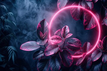 A vibrant pink neon frame, meticulously crafted into a circular shape, bursts with lush tropical leaves against a dark turquoise canvas. Digitally manipulated to resemble a light-filled junglepunk lig