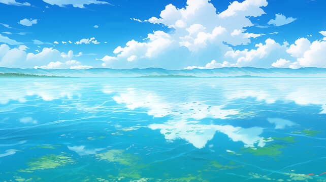 Cartoon lake scenery illustration under blue sky
