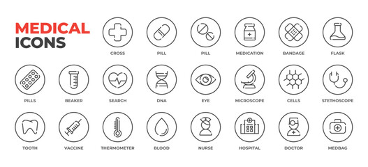 Medical icons set in thin line style. Line art minimal icons: pills and bondage, nurse and doctor, heart and DNA