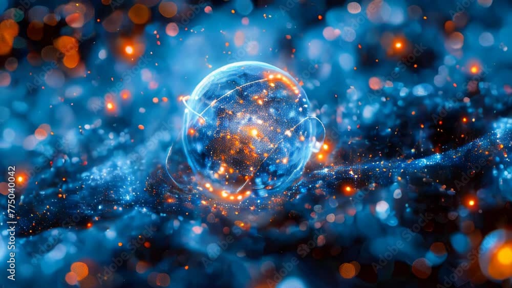 Poster a sphere with a glowing core. the sphere is surrounded by a luminous ring