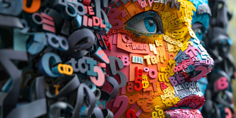Kunstvolles buntes Gesicht in 3D Pixel Darstellung Design Hintergrund für Werbe Banner, ai generativ - obrazy, fototapety, plakaty